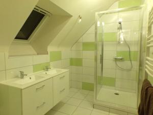 y baño con ducha y lavamanos. en LES REINETTES - Les Vergers de Guerlédan en Mur-de-Bretagne