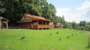 a log cabin in a field of green grass at Molfar House in Kosiv