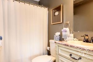 een badkamer met een douchegordijn, een toilet en een wastafel bij Bouchard Restaurant & Inn in Newport