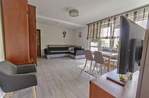 a living room with a couch and a tv and a table at Apartament dwupokojowy Poznań- blisko centrum in Poznań