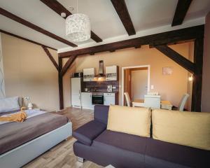 una sala de estar con una cama y un sofá en Ferienwohnungen an der Wassermühle, en Quedlinburg