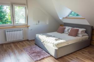 1 dormitorio con 1 cama y 2 ventanas en Żubr Nad Zalewem, en Łuka