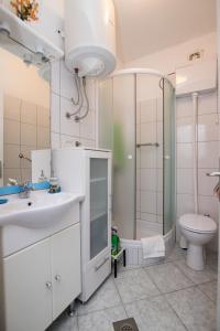 uma casa de banho com um chuveiro, um lavatório e um WC. em Apartments Jakov em Mirce