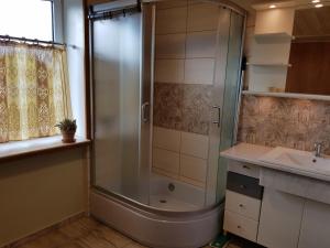 a bathroom with a shower and a sink at Viirpuu puhkemaja in Kuressaare +21 photos