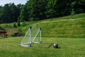 Ein Fußball liegt im Gras neben einem Tor. in der Unterkunft Chata Valca PATJA-v mesiacoch apríl až november pri prenajatí aj jedného apartmánu uzavrieme ostatné apartmány, aby ste si užili súkromie in Valča