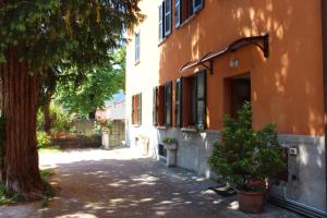 an alley in front of a building with a tree at Il giardino dei fiori in Mandello del Lario