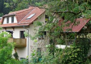 een wit huis met een rood dak bij Ferienwohnung am Berggrabenweg in Ilmenau