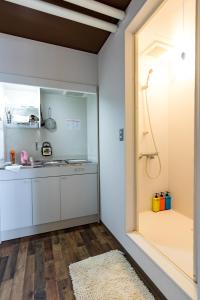 a bathroom with a shower and a sink and a mirror at Clover House Sapporo in Sapporo +37 photos