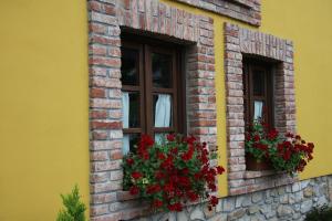 Hotel rural La Llastra في نويفا دي يانس: نافذتين يوجد فيهما زهور على مبنى