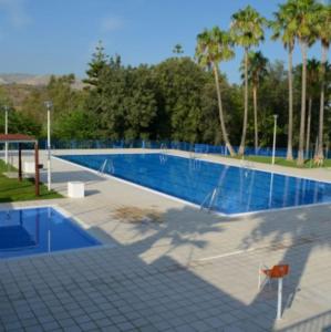 une piscine vide avec des palmiers en arrière-plan dans l'établissement La Casa del Río, à Pedralba