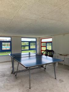 una mesa de ping pong en una habitación con ventanas en Billund Farm Holiday en Billund