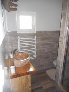 ein Bad mit einer Schüssel auf der Theke und einem WC in der Unterkunft Ranč pod Hájom in Bobrovec