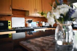 a kitchen with a counter with a vase of flowers at Lodge at Loch Lomond in Glasgow