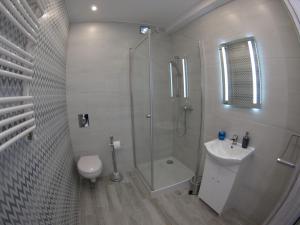 uma casa de banho com um chuveiro, um WC e um lavatório. em Bulwary Apartments em Szczecin