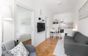ein Wohnzimmer mit einem Sofa und einer Küche in der Unterkunft City Center Pearl 2 in Zagreb