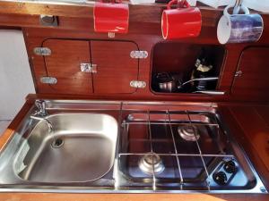 un fregadero de cocina con un gato sentado dentro de él en Cafe Sander´s Camping auf der Mosel, en Winningen