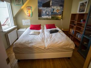 a bedroom with a bed with two red pillows at Town House close to Center in Reykjavík