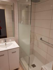 a bathroom with a shower and a sink at Hôtel de Paris in Lourdes