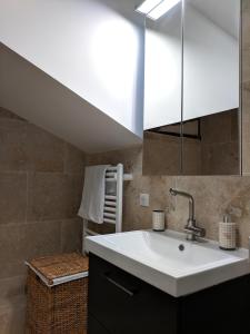 La salle de bains est pourvue d'un lavabo et d'un miroir. dans l'établissement Gîte Rue des Fleurs Puycelsi, à Puycelci