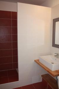 a bathroom with a sink, toilet and mirror at Latitude Ouest Hotel Restaurant & Spa in Locronan