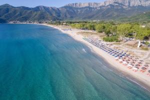 an aerial view of a beach with umbrellas and the ocean at Princess Golden Beach Hotel in Chrysi Ammoudia