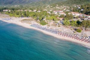 an aerial view of a beach with umbrellas and the ocean at Princess Golden Beach Hotel in Chrysi Ammoudia