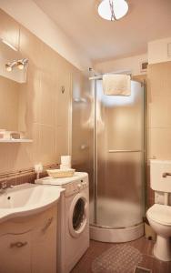 a bathroom with a shower and a washing machine at Gabizz Apartments in Constanţa