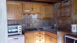 eine kleine Küche mit Holzschränken und einer Mikrowelle in der Unterkunft Gite Seguret in Gresse-en-Vercors