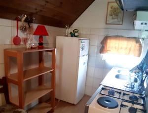 a kitchen with a white refrigerator and a sink at Apartman Nino in Tounj