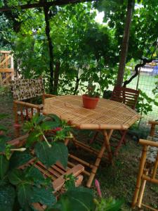 ein Holztisch und Stühle mit einer Topfpflanze darauf in der Unterkunft Bella di notte in San Giorgio a Liri