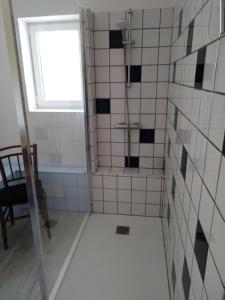 a bathroom with a shower with black and white tiles at La Garitinne in Onjon