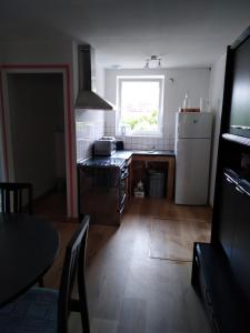 a kitchen with a sink and a refrigerator and a table at La Garitinne in Onjon