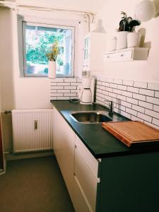 una cucina con lavandino e finestra di Ebeltoft Midtby a Ebeltoft