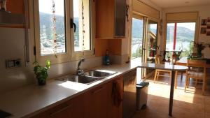 eine Küche mit einem Waschbecken und einem Tisch in der Unterkunft Casa EL PORT DE LA SELVA in Port de la Selva