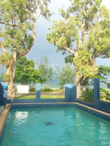 a swimming pool with trees in the background at Anchor In Holiday Units South Mission Beach in South Mission Beach