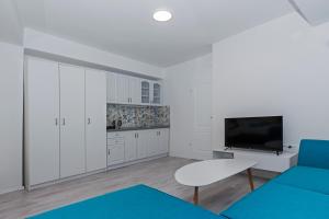 sala de estar con sofá azul y TV en Casa di VaLL City Apartments en Ohrid