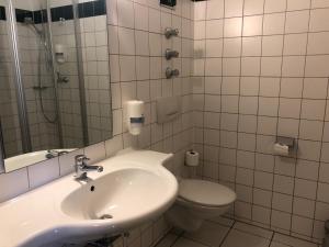 un bagno con lavandino, water e specchio di Ennstalerhof a Grossraming