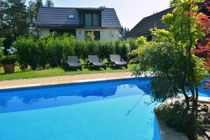una piscina con 2 tumbonas junto a una casa en Ferienwohnung Gohrisch, en Kurort Gohrisch
