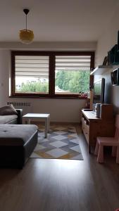 sala de estar con sofá, mesa y 2 ventanas en Apartman-Bruno, en Donovaly