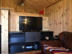 een woonkamer met een bank en een flatscreen-tv bij Nilsrud 30 Feriehus in Kyrkjemoen