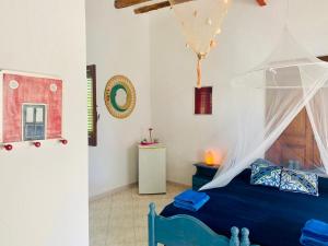 Ginostra的住宿－Luna Rossa，一间卧室配有一张蓝色的床和蚊帐