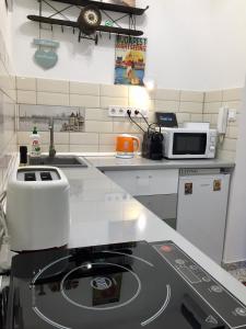 een keuken met een fornuis en een magnetron bij Buda Boutique Apartment in Boedapest