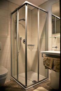 y baño con ducha y puerta de cristal. en Gletscher-Landhaus Brunnenkogel, en Sankt Leonhard im Pitztal