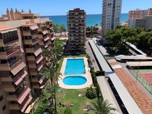 an overhead view of a swimming pool with palm trees and buildings at Apartamentos Benicassim in Benicàssim