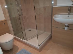 uma casa de banho com um chuveiro, um WC e um lavatório. em Covent Garden Penthouse em Londres