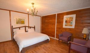 1 dormitorio con 1 cama, 1 silla y 1 lámpara de araña en Auberge Alpine Inn, en Sainte-Adèle