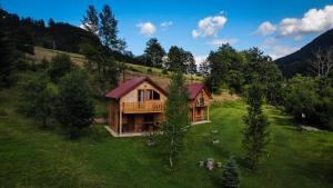 an aerial view of a house in a field at Taramour Cottages. in Mojkovac