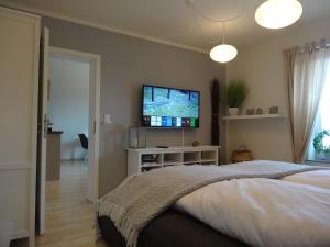a bedroom with a bed and a flat screen tv at Kleine Mathilde in Fehmarn