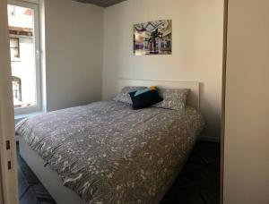 ein Schlafzimmer mit einem Bett mit einem Kissen darauf in der Unterkunft Gîte de Tournai - les beaux-arts in Tournai