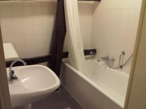 a bathroom with a sink and a tub and a toilet at Kasteel Schaloen in Valkenburg +34 photos